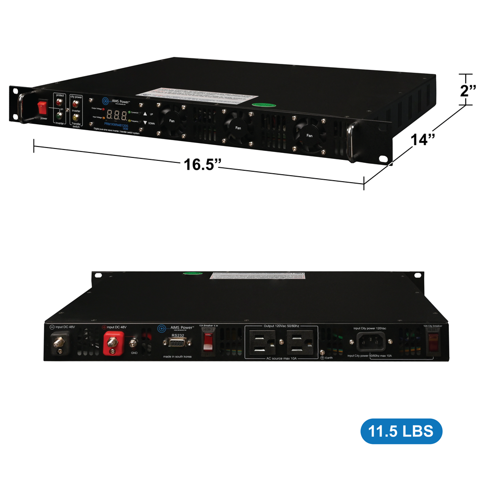 1000 Watt NEGATIVE 48 Volt Rack Mount Inverter To 120 Volt AC – 1U (-48V)