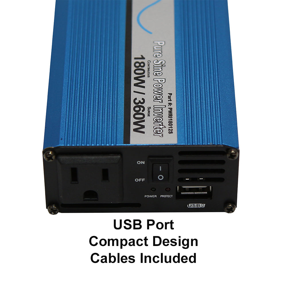 180 WATT PURE SINE POWER INVERTER 12 VOLT 120 VAC INCLUDES CABLES
